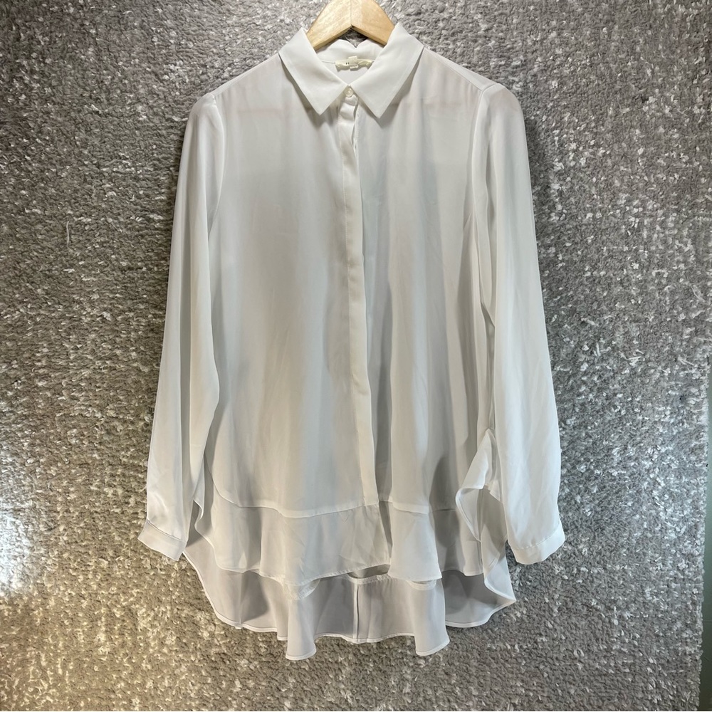 Pleione‎ Top Womens Medium White Tunic Long Sleeve Button Up Polyester collared